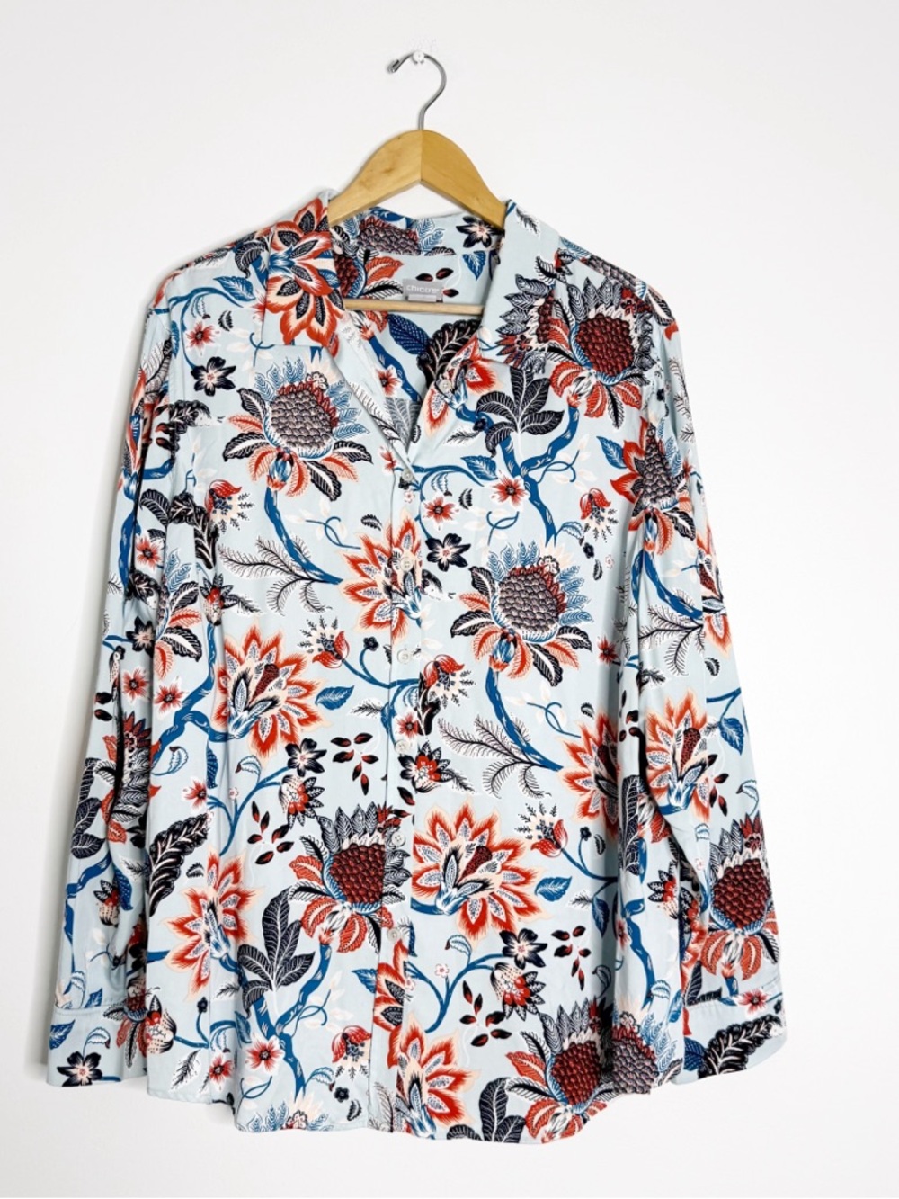 Chico’s 4 Floral Button Up Blouse Size XL 20/22 Blue Multicolor